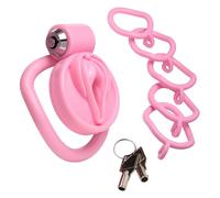 MASTER SERIES Pussification Vulva Chastity Cage for Beginners, Men & Couples. Cage and Key. Multiple Ring Sizes and Safely Locked Up. 9 Piece Set, Pink.