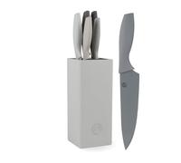 MasterChef Knife Set with Block, 5 Kitchen Knives with Sharp Stainless Steel Blades (Chef, Paring, Utility, Carving, Bread) Soft Touch Easy Grip Handles & Universal Knife Holder, Earth Greys
