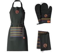 MasterChef Set of 3 Tea Towels, Kitchen Apron and Oven Gloves, Heat Resistant, Black, 100% Cotton with Hanging Loops, Machine Washable, Embroidered Details