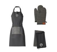 MasterChef Set of 3 Tea Towels, Kitchen Apron and Oven Gloves, Heat Resistant, Grey, 100% Cotton with Hanging Loops, Machine Washable, Elite Collection