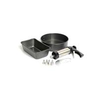 MasterClass 24pc Baking Set with Non-Stick Round Tin, 2lb Loaf Tin, Biscuit Press/Icing Gun, 8 Stainless Steel Nozzles & 13 Cutters - Grey - Carbon Steel - Cake Tins