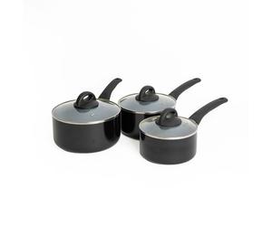 MasterClass 3pc Ceramic Non-Stick Eco Aluminium Saucepan Set with 16cm, 18cm and 20cm Saucepans with Lids - Black - Aluminium - Saucepans