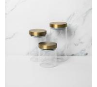 3pc Glass Storage Jar Set with Burnished Brass Lids, includes Small, Medium and Large Storage Jars Masterclass Clear M
