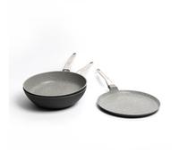 MasterClass 3pc Non-Stick Cookware Set with Cast Aluminium Wok 28cm, Frying Pan 28cm & Crepe Pan 28cm in Grey Masterclass Grey