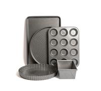 MasterClass 5pc Crusty Bake Non-Stick Bakeware Set with Quiche Tin, Pizza Crisper, 2lb Loaf Pan, Baking Tray & 12-Hole Pan in Grey Masterclass Grey