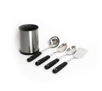 MasterClass 5pc Stainless Steel Utensil Set with Cooking Spoon, Slotted Spoon, Slotted Turner, Ladle & Utensil Holder in Metallics Masterclass Metallics