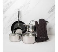 MasterClass 6pc Deluxe Cookware Set with 3x Saucepans with Glass Lids, x 1x Sauté Pan, 1x Milk Pan & 1x Quilted Single Oven Glove | Size: Large Masterclass Metallic Silver Large