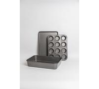 MasterClass 6pc Non-Stick Bakeware Set with Flan Tin, Crisper, Loaf Pan, Baking Tray, 12-Hole Tin, Pie Tin in Grey Masterclass Grey