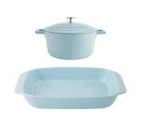 MasterClass Cast Aluminium Casserole Dish and Ceramic Roasting Dish Set, 2pc Sky Blue Cookware Set, 30cm Roaster with Easy Grip Handles, 4L Lightweight, Dishwasher Safe