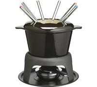 MasterClass Cast Iron Fondue Set, 21 x 18 cm - Black Fondue Pot for Cheese, Chocolate & Meat - Enamel Coated with Burner & 6 Forks