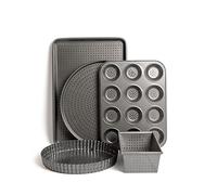 MasterClass Five Piece Crusty Bake Non-Stick Set, Includes 25cm Flan/Quiche Tin, Pizza Crisper, 2lb Loaf Pan, 12 Hole Shallow Baking Pan and Baking/Cookie Tray