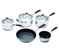 MasterClass Induction Ready Saucepan Set Including Milk Pan, Frying Pan and Saute Pan with PTFE, PFOA and BPA Free Non Stick, Dishwasher safe, 5 Pieces - Stainless Steel, Silver