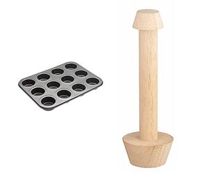 MasterClass KCMCHB96 12 Hole Mini Sandwich Tin with Loose Bases and PFOA Non Stick in Gift Box, Robust 1 mm Carbon Steel, 27 x 36 cm, Grey & Kitchen Craft Pastry Tamper, Wood, Brown, 22 x 12 x 16 cm