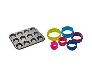 masterclass KitchenCraft 12-Hole Non-Stick Shallow Baking Tray, 32 x 24 cm & Colourworks Plastic Plain and Fluted Round Cookie Cutters, Multi-Colour, Set of Six