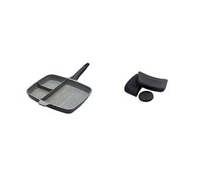 MasterClass KitchenCraft Cast Aluminium Non Stick Induction 3-in-1 Multi Section Grill Pan, All-in-One Frying Pan, 32 cm & MCMCASS3PC Pan Handle Sleeve Set for Cast Aluminium Casserole Pots, 3 Pieces