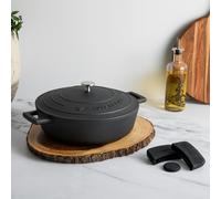 MasterClass Shallow Cast Aluminium Casserole Dish-Self Basting Lid & Silicone Handle Cover Set, 4L Non-Stick Round Induction Hob to Oven Dish, 28cm - Black - Aluminum