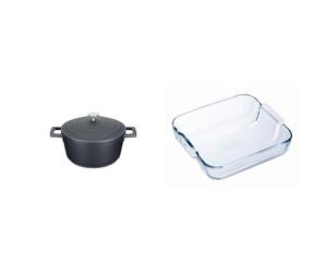MasterClass Small Casserole Dish with Lid 2.5L/20 cm, Lightweight Cast Aluminium, Induction Hob and Oven Safe, Black & Pyrex Glass Square Roaster, 25 x 21cm