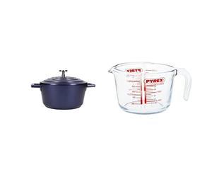 MasterClass Small Casserole Dish with Lid, 2.5L/20cm Lightweight Cast Aluminium, Induction Hob and Oven Safe Blue & 1 Litre Pyrex Glass Measuring Jug Transparent