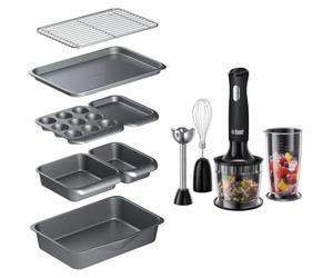 MasterClass Smart Space Stacking Non-Stick Bakeware Set, 7 Piece Baking Trays, Gift Boxed & Russell Hobbs Desire 3 in 1 Electric Hand Blender, Fruit & Veg Mini Chopper & Whisk Attachment