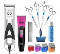Masterclip Dog Groomer Starter Pack, Mains Powered with 4 Pack of Comb Guides, Cordless Showmate II Trimmer (Pink), 4 Pack of Scissors, Slicker Brush, Free Metal Comb and 5 in 1 Blade Coolant Spray