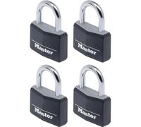 Master Lock 9140EURQBLKNOP Pack of 4 Key Padlocks in Aluminium with Vinyl Cover, Black, 4 x 5.9 x 1.3 cm
