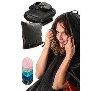 MasterManner Travel Blanket Airplane Compact with Hoodie - 2in1 Airplane Travel Accessories from Plane Blanket to Travel Pillow with Luggage Strap, Soft Handle & Secure Pocket, Black