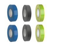 Masterpart 33 Metre Blue, Grey & Yellow/Green Electrical PVC Insulating Tape For Wire Identification, Insulation & Color Coding 19mm x 33m Pack Of 6