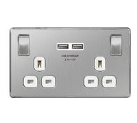 Masterplug 13 A 2 Gang Screwless Flat Plate Brushed Steel Switched Socket with 2 x USB - White Insert