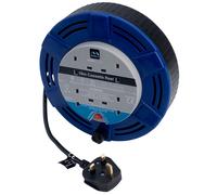 Masterplug Four Socket, 5 Metre Cassette Reel, Small Extension Lead Cable Reel, Wind-Up Retractable Power Cord Reel, Thermal Cut Out, Work Power, Blue/Black, 10A, 4G, 5m, SCT0510/4BL