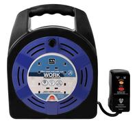 Masterplug Four Socket, 20 Metre Case Reel with RCD Protection, Large Extension Lead Retractable Cable Reel, Wind-Up Cord Reel, Thermal Cut Out, Work Power, Blue/Black, 13A, 4G, 20m, HBT2013/4BLRCD