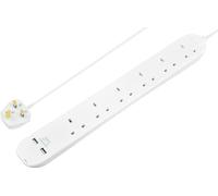 Masterplug 6 Gang Extension Lead with 2 x USB Charging Sockets, 1 Metre, White