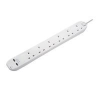 Masterplug 6 Gang Extension Lead with 2 x USB Charging Sockets, 1 Metre, White