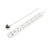 Masterplug 6 Socket 2 Metre Surge Protected Extension Lead With Usb A And C Ports 13A Power Strip White