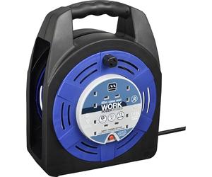 Masterplug Four Socket, 20 Metre Case Reel, Large Extension Lead Cable Reel, Wind-Up Retractable Power Cord Reel, Thermal Cut Out, Work Power, Blue/Black, 13A, 4G, 20m, HBT2013/4BL