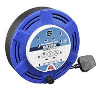 Masterplug Four Socket, 8 Metre Cassette Reel, Medium Extension Lead Cable Reel, Wind-Up Retractable Power Cord Reel, Thermal Cut Out, Work Power, Blue/Black, 13A, 4G, 8m, MCT0813/4BL