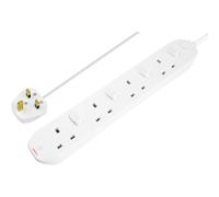 Masterplug Four Socket Extension Lead with Individual Switches, Power and Surge LED Indicators, 2 Metre Cable, 4-Way Plug Extension Cable, Power Strip, White, 13A, 4G, 2m, SWC4210N