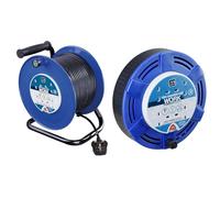 Masterplug Four Socket Open Cable Reel with Handle, 40 Metres, Blue & Four Socket Cassette Cable Reel, 10 Metres, Blue