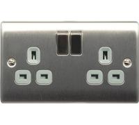 Masterplug NBS22G 13 A 2-Gang Metal Brushed Steel Double Pole Switched Socket - Grey Insert by Masterplug