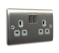 Masterplug NBS22G 13 A 2-Gang Metal Brushed Steel Switched Socket - Grey Insert