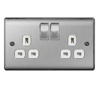 Masterplug NBS22W 13A 2-Gang Metal Brushed Steel Double Pole Switched Socket - White Insert
