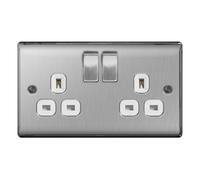 Masterplug NBS22W 13A 2-Gang Metal Brushed Steel Double Pole Switched Socket - White Insert