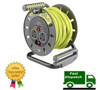 Masterplug OMU25132USL-PX Pro-XT Four Socket Open Cable Reel Extension Lead with Winding Handle and Two USB Charging Ports, Thermal Cut Out and Power Switch, 25 Metres High Visibility Cable, Green