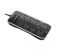 Masterplug Piano Black 13A 8 Socket Extension Lead With Usb, 2M