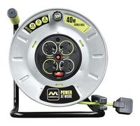 Masterplug Premium 4 Socket Metal Open Cable Reel with 40 Metre High-Vis Cable, Heavy Duty Extension Reel, Thermal Cut-Out & Power Indicator, Large, Pro-XT, Grey/Green, 13A, 4G, 40m, OTLU40134SL