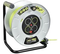 Masterplug Premium 4 Socket Metal Open Cable Reel with 40 Metre High-Vis Cable, Heavy Duty Extension Reel, Thermal Cut-Out & Power Indicator, Large, Pro-XT, Grey/Green, 13A, 4G, 40m, OTLU40134SL