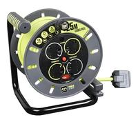 Masterplug Pro-XT Four Socket Open Cable Reel Extension Lead with Winding Handle, Thermal Cut Out and Power Switch, 25 Metres High Visibility Cable , Green