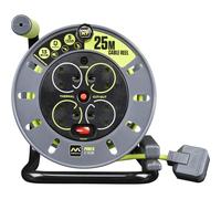 Masterplug Pro-XT Four Socket Open Cable Reel Extension Lead with Winding Handle, Thermal Cut Out and Power Switch, 25 Metres High Visibility Cable,