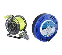 Masterplug Pro-XT Four Socket Open Cable Reel Extension Lead with Winding Handle, Thermal Cut Out & MCT1010/4BL Four Socket 10A Cassette Cable Reel with Thermal Cut-Out, 10 Metres, Blue