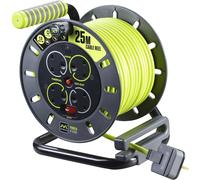 Masterplug Pro-XT Four Socket Open Cable Reel Extension Lead with Winding Handle Thermal Cut Out & Power Switch 25 Metres High Visibility Cable Green