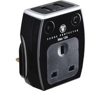 Masterplug Single Socket Surge Protected Power Adaptor with Two USB Charging Points, Polished Black